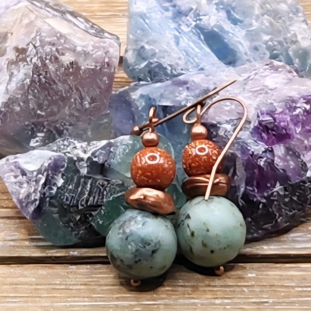 African Turquoise, Goldstone and Copper Drop Earrings